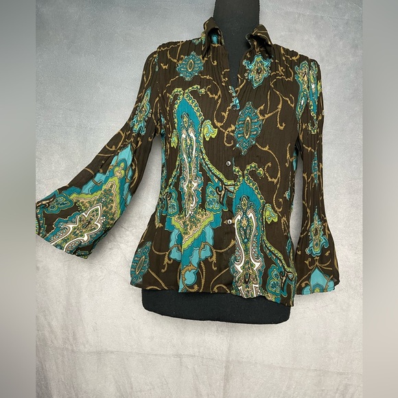 Brown and blue paisley pleated blouse with butterfly sleeves size medium - Picture 5 of 6